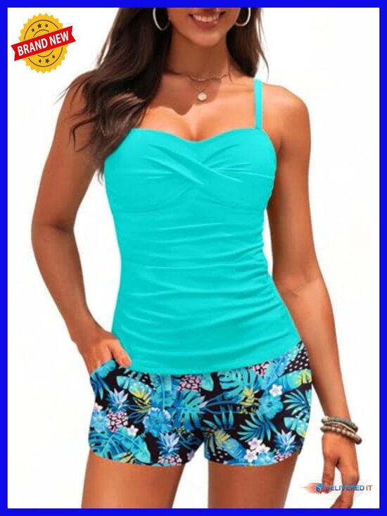 Other - Tankini with Shorts Tummy Control Twist Bandeau Two Piece Swimwear with Pockets